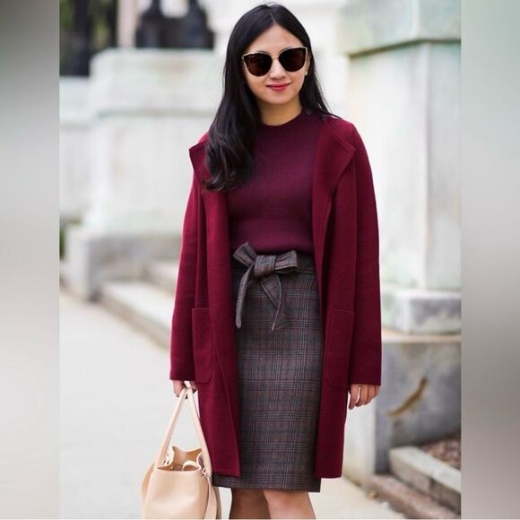 J Crew Juliette Burgundy Collarless Long Open Cardigan Blazer Merino blend - Picture 5 of 7